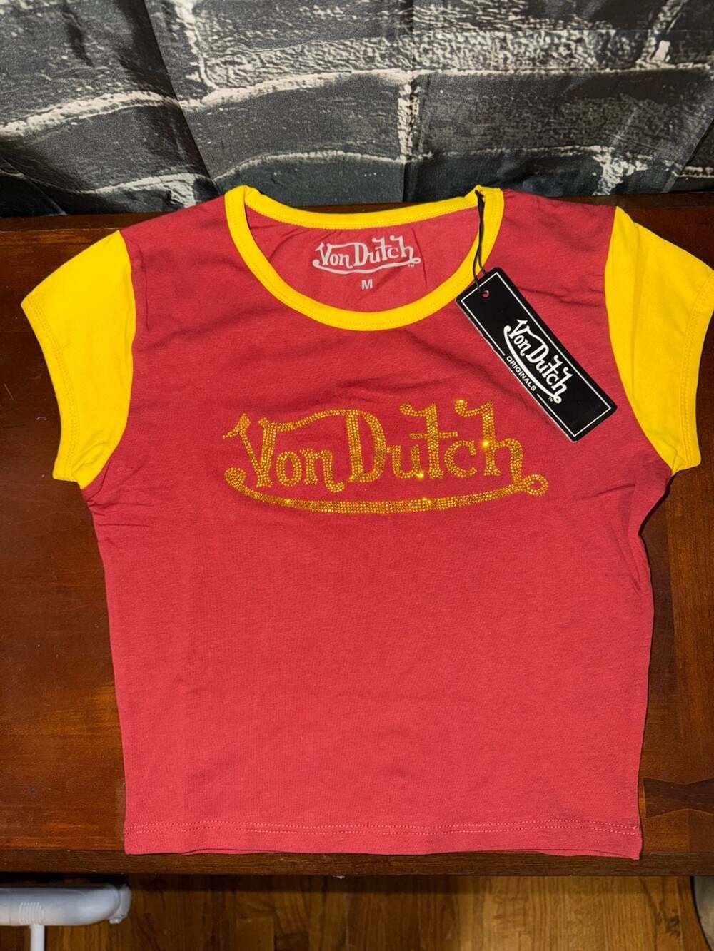 Von Dutch Rhinestone Ringer Tee - Red and Yellow